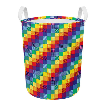 Rainbow Patchwork Pattern Print Round Laundry Basket