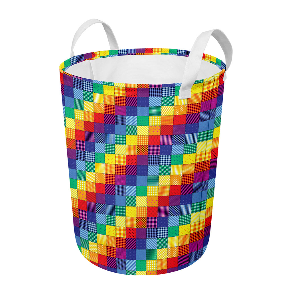 Rainbow Patchwork Pattern Print Round Laundry Basket
