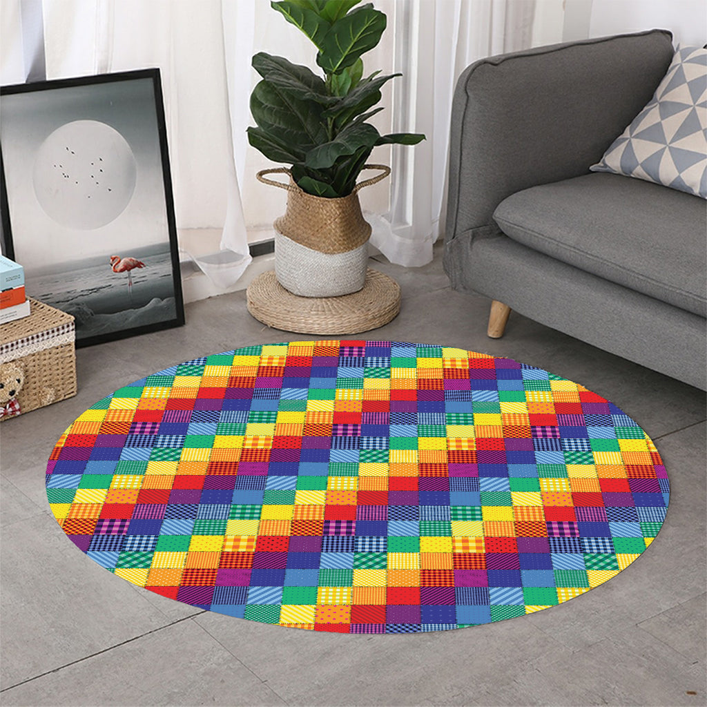 Rainbow Patchwork Pattern Print Round Rug