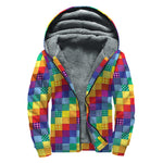 Rainbow Patchwork Pattern Print Sherpa Lined Zip Up Hoodie