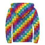Rainbow Patchwork Pattern Print Sherpa Lined Zip Up Hoodie