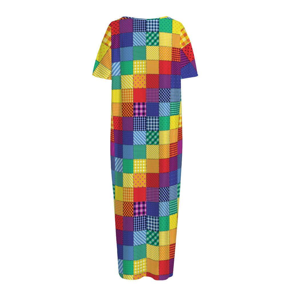 Rainbow Patchwork Pattern Print Short Sleeve Long Nightdress