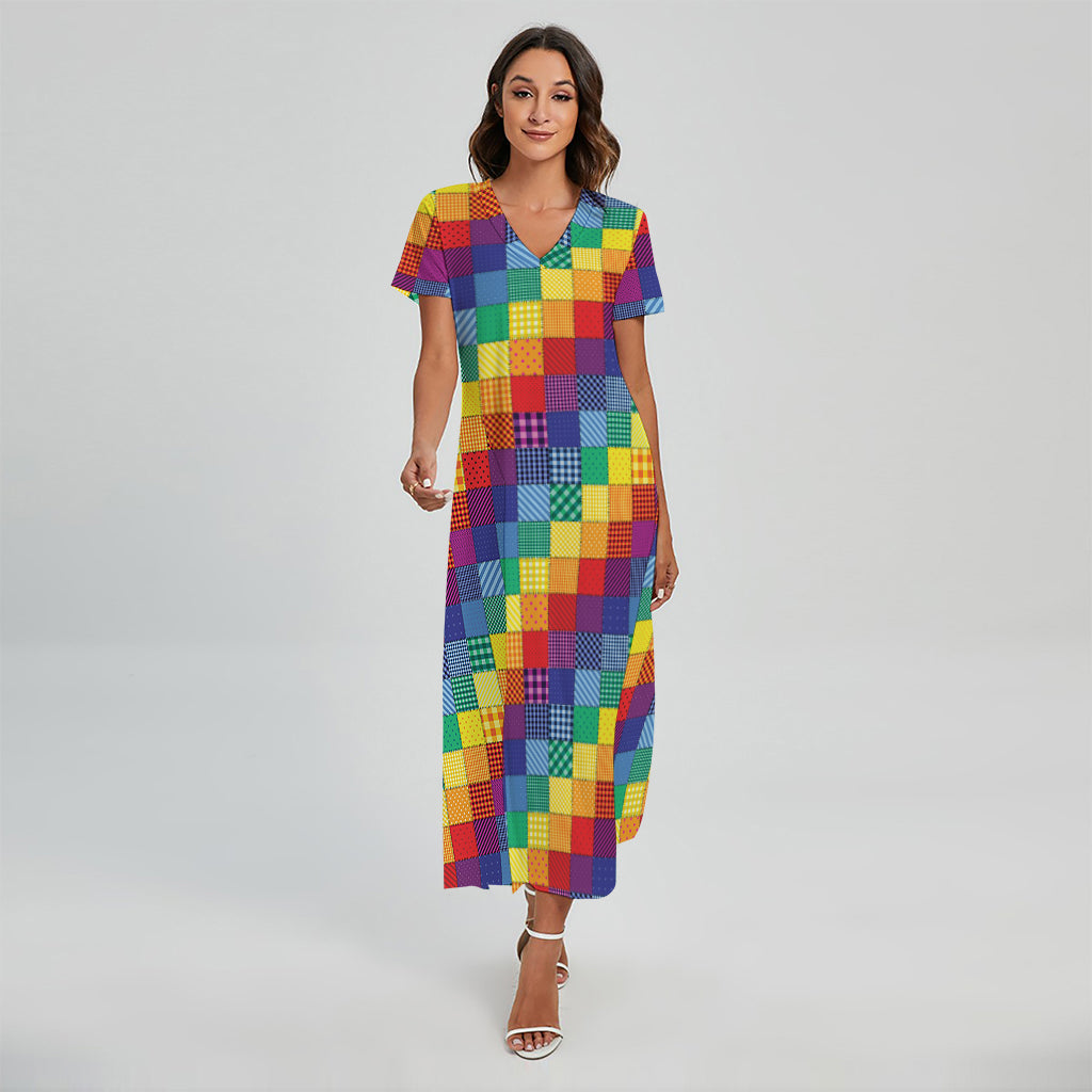 Rainbow Patchwork Pattern Print Short Sleeve Maxi Dress
