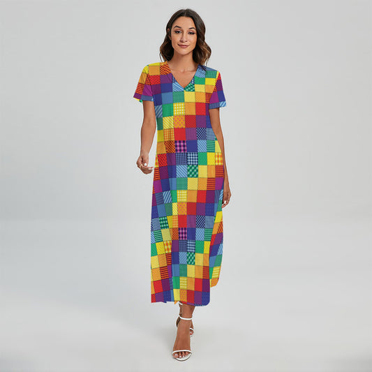 Rainbow Patchwork Pattern Print Short Sleeve Maxi Dress