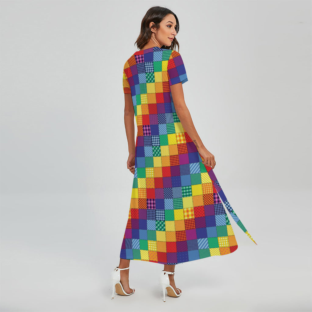 Rainbow Patchwork Pattern Print Short Sleeve Maxi Dress