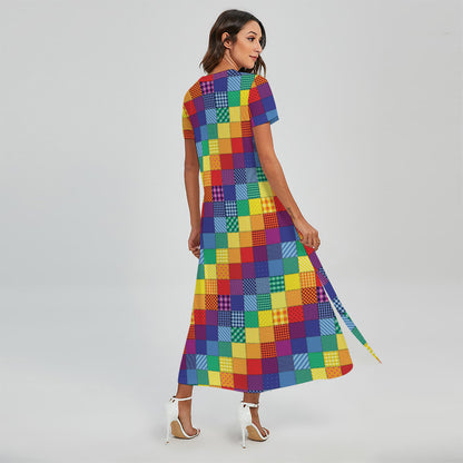 Rainbow Patchwork Pattern Print Short Sleeve Maxi Dress