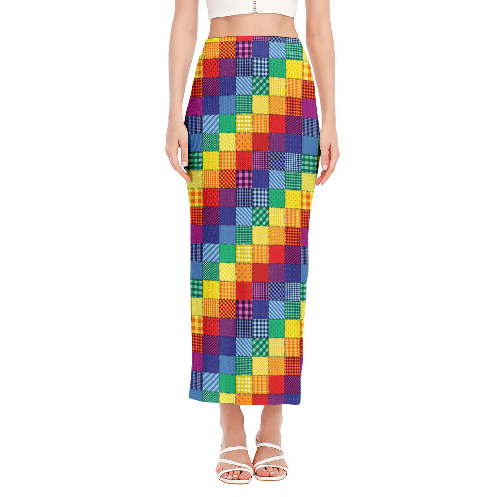 Rainbow Patchwork Pattern Print Side Slit Maxi Skirt