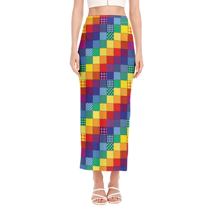 Rainbow Patchwork Pattern Print Side Slit Maxi Skirt