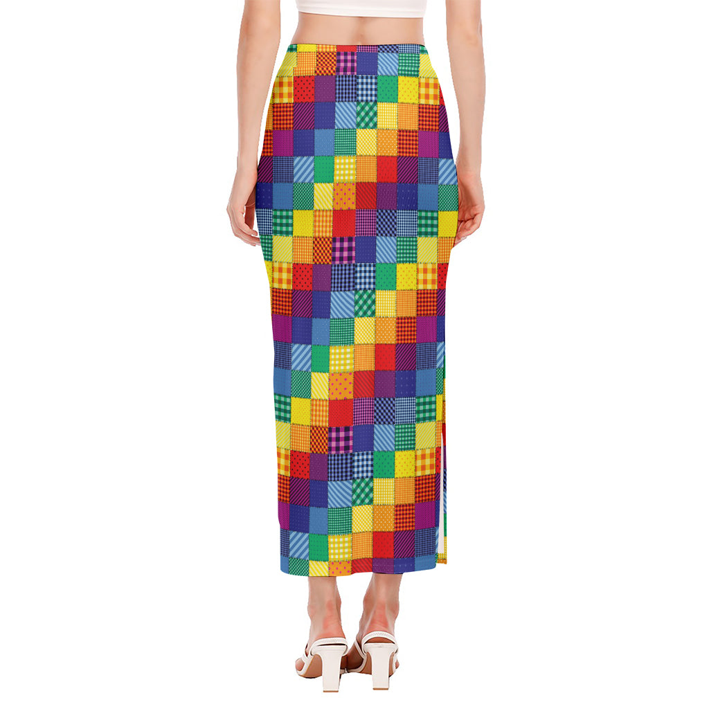 Rainbow Patchwork Pattern Print Side Slit Maxi Skirt