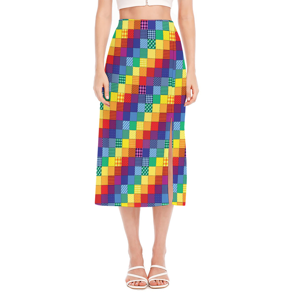 Rainbow Patchwork Pattern Print Side Slit Midi Skirt