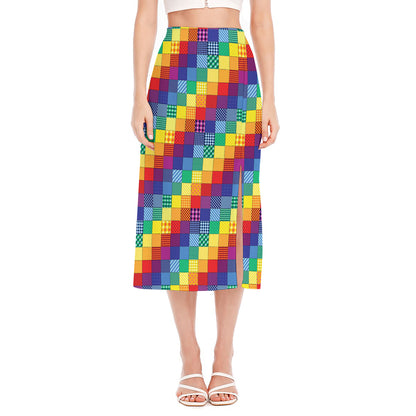 Rainbow Patchwork Pattern Print Side Slit Midi Skirt