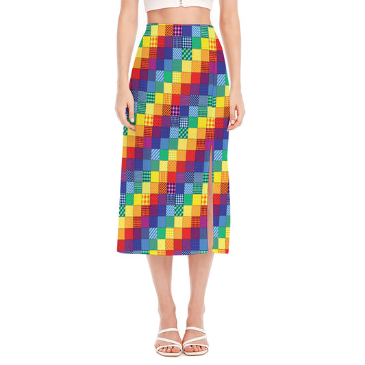 Rainbow Patchwork Pattern Print Side Slit Midi Skirt