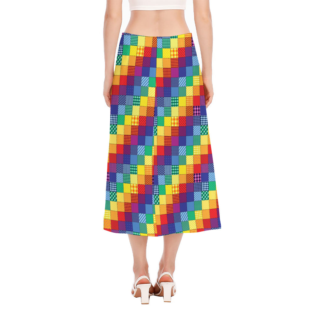Rainbow Patchwork Pattern Print Side Slit Midi Skirt