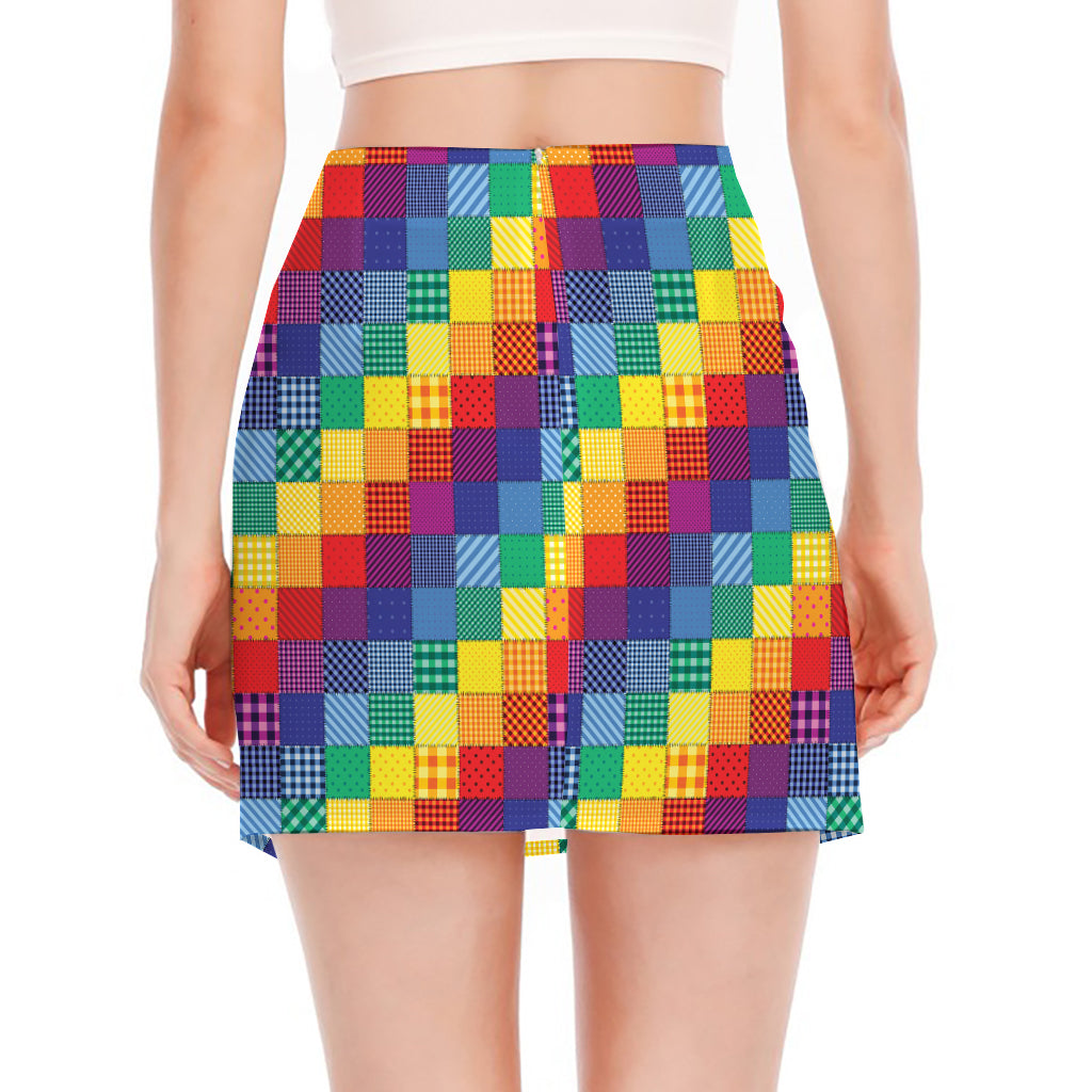 Rainbow Patchwork Pattern Print Side Slit Mini Skirt