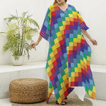 Rainbow Patchwork Pattern Print Silk V-Neck Kaftan Dress