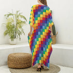 Rainbow Patchwork Pattern Print Silk V-Neck Kaftan Dress