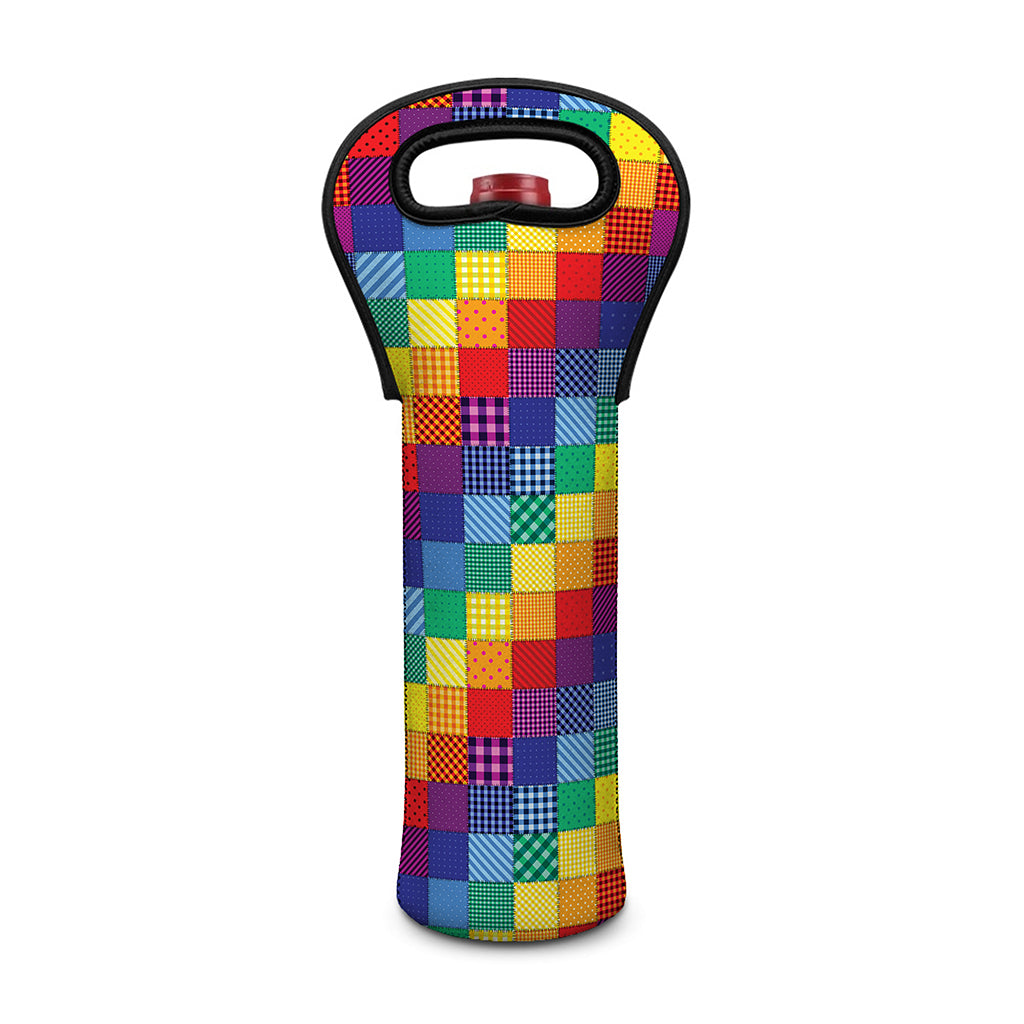 Rainbow Patchwork Pattern Print Single Neoprene Wine Tote