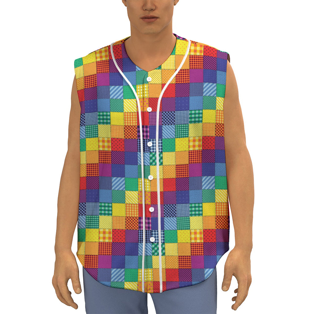 Rainbow Patchwork Pattern Print Sleeveless Baseball Jersey