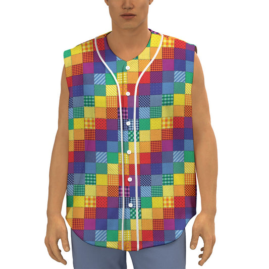 Rainbow Patchwork Pattern Print Sleeveless Baseball Jersey