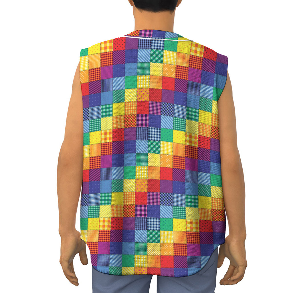 Rainbow Patchwork Pattern Print Sleeveless Baseball Jersey