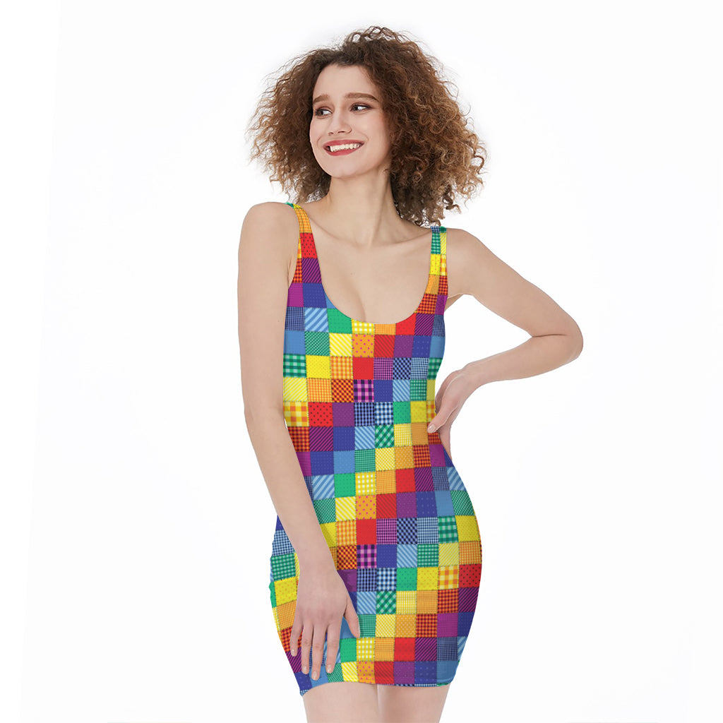 Rainbow Patchwork Pattern Print Sleeveless Bodycon Dress