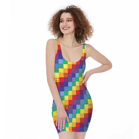 Rainbow Patchwork Pattern Print Sleeveless Bodycon Dress