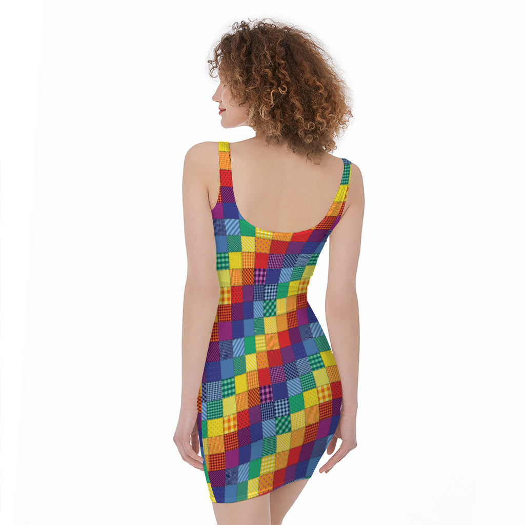 Rainbow Patchwork Pattern Print Sleeveless Bodycon Dress