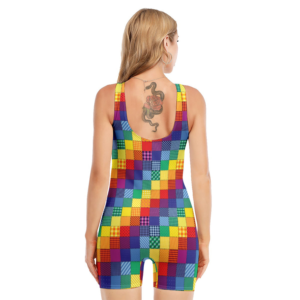 Rainbow Patchwork Pattern Print Sleeveless One Piece Swimsuit