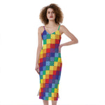 Rainbow Patchwork Pattern Print Slim Fit Midi Cami Dress