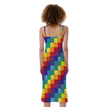 Rainbow Patchwork Pattern Print Slim Fit Midi Cami Dress