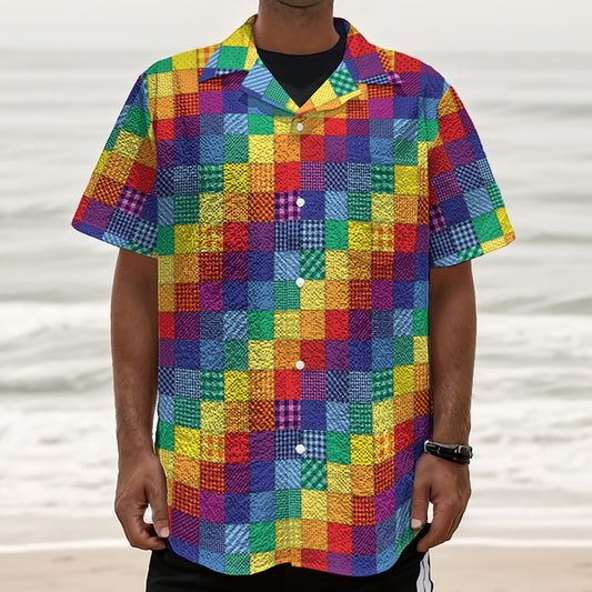 Rainbow Patchwork Pattern Print Textured Short Sleeve Shirt