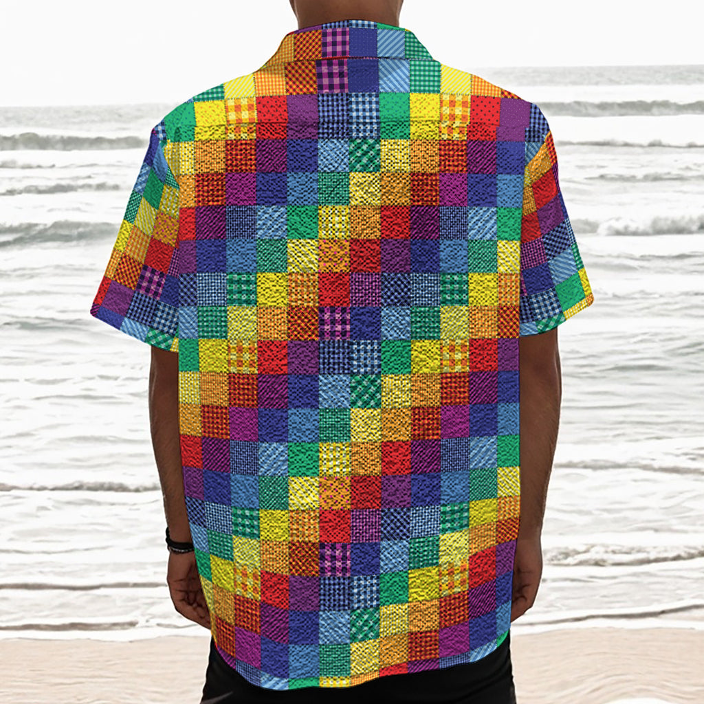 Rainbow Patchwork Pattern Print Textured Short Sleeve Shirt
