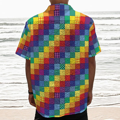 Rainbow Patchwork Pattern Print Textured Short Sleeve Shirt