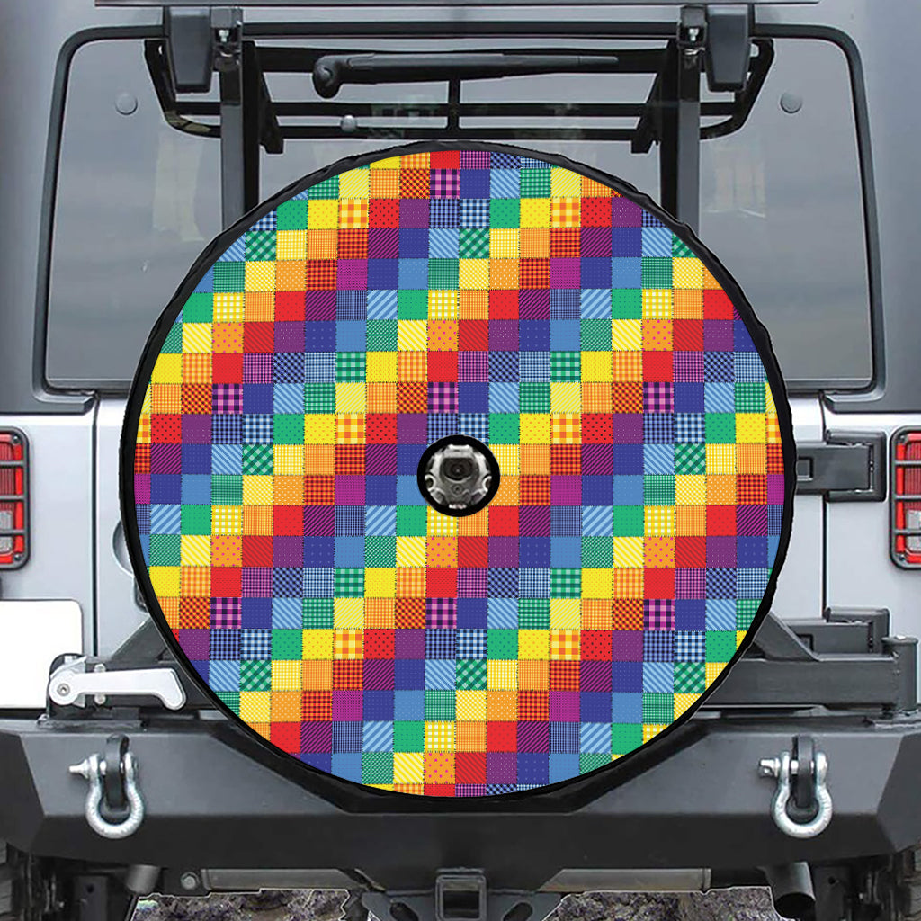 Rainbow Patchwork Pattern Print Tire Cover With Camera Hole