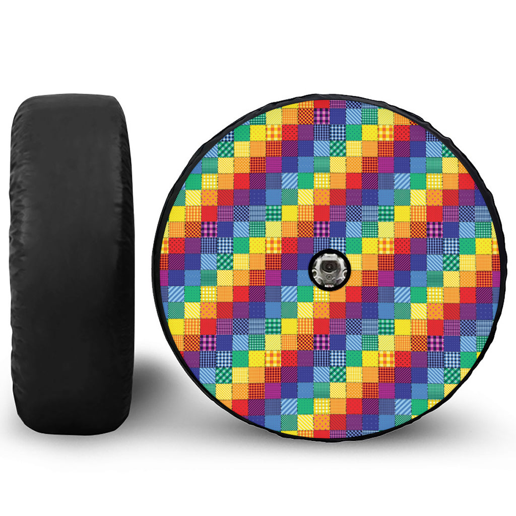 Rainbow Patchwork Pattern Print Tire Cover With Camera Hole