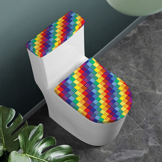 Rainbow Patchwork Pattern Print Toilet Lid And Tank Cover Set