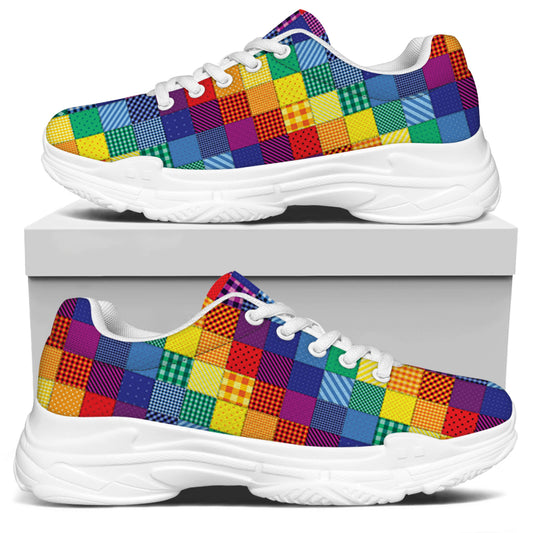 Rainbow Patchwork Pattern Print White Chunky Shoes