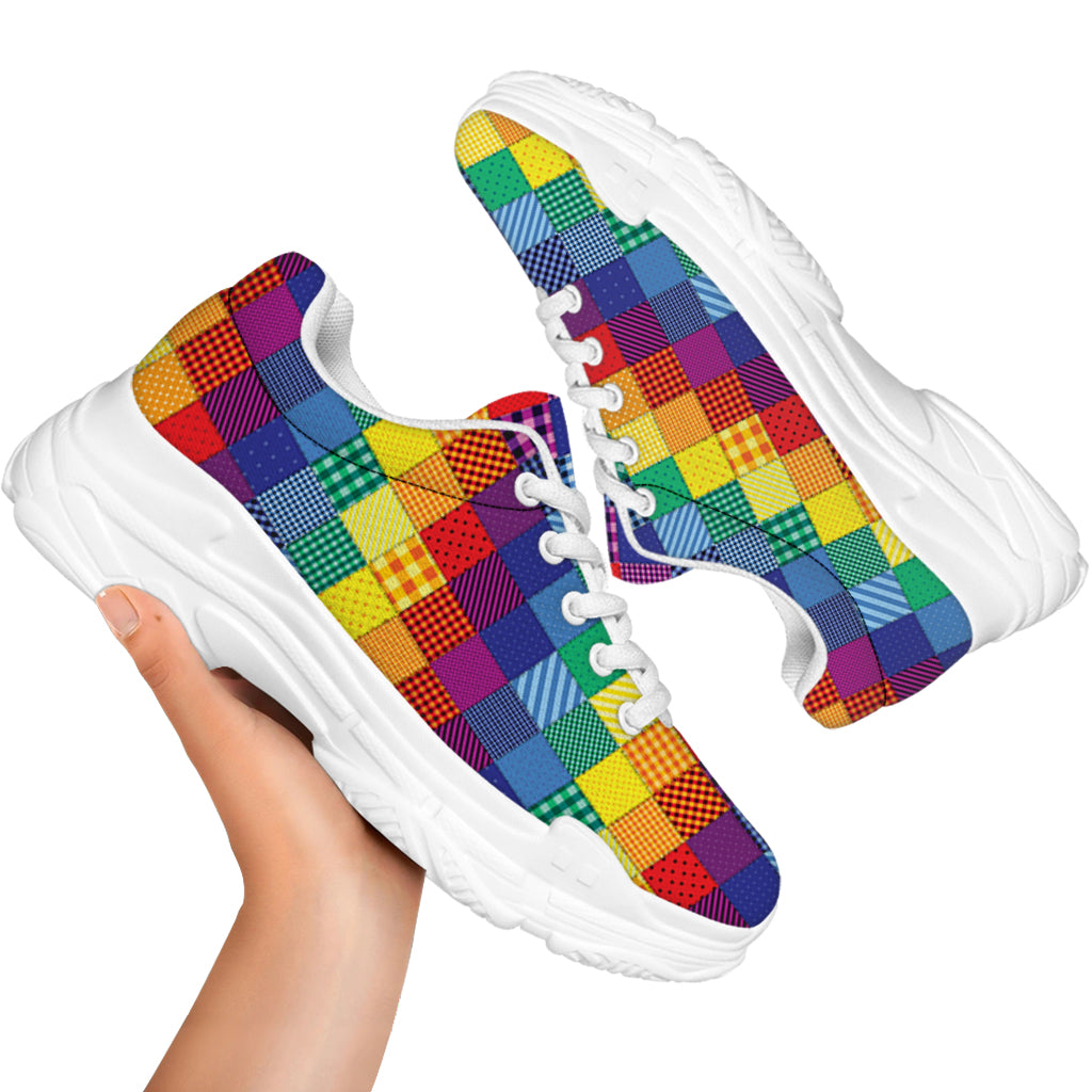 Rainbow Patchwork Pattern Print White Chunky Shoes
