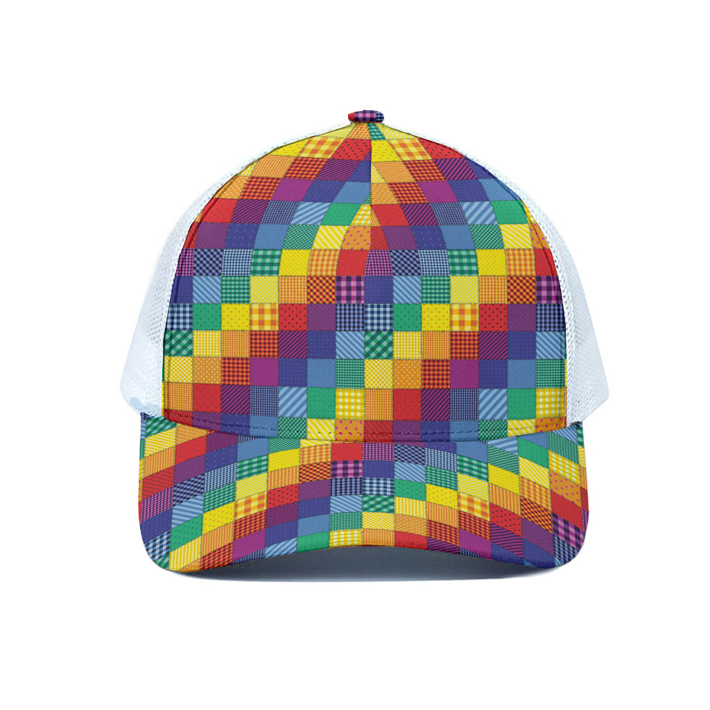 Rainbow Patchwork Pattern Print White Mesh Trucker Cap