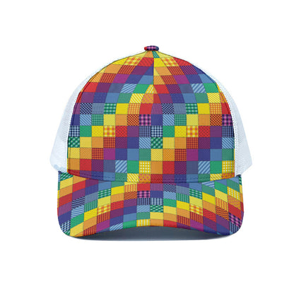 Rainbow Patchwork Pattern Print White Mesh Trucker Cap