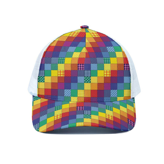 Rainbow Patchwork Pattern Print White Mesh Trucker Cap