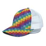 Rainbow Patchwork Pattern Print White Mesh Trucker Cap