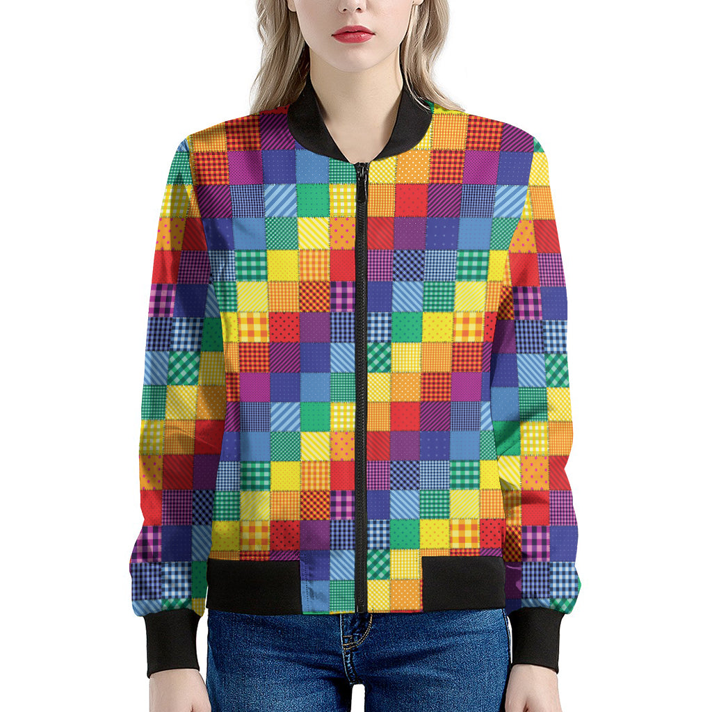 Rainbow Patchwork Pattern Print Women's Bomber Jacket