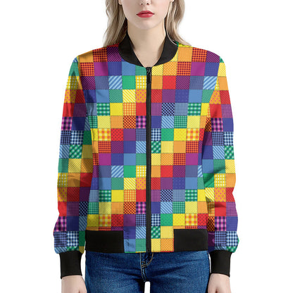 Rainbow Patchwork Pattern Print Women's Bomber Jacket