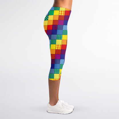 Rainbow Patchwork Pattern Print Women's Capri Leggings