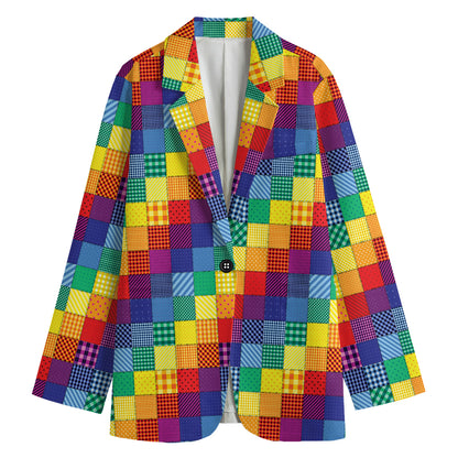 Rainbow Patchwork Pattern Print Women's Cotton Blazer
