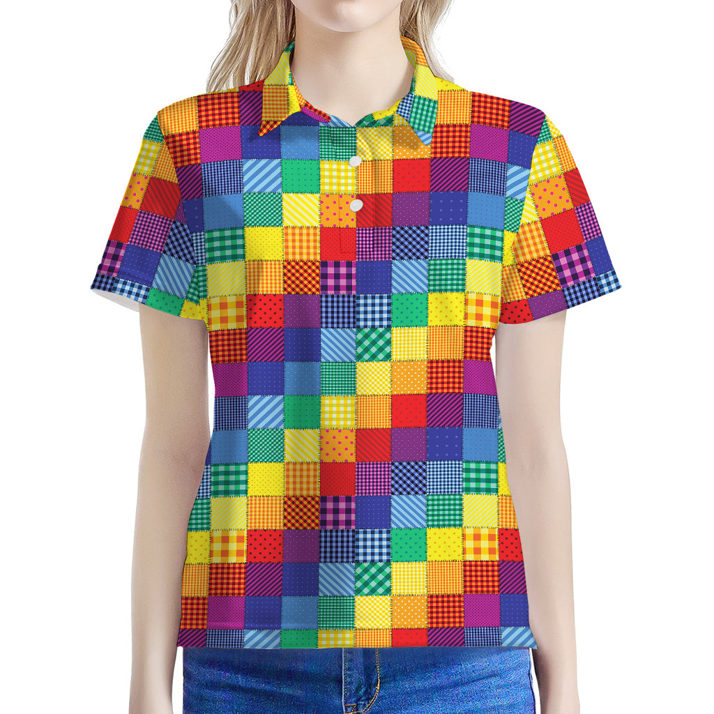 Rainbow Patchwork Pattern Print Women's Polo Shirt