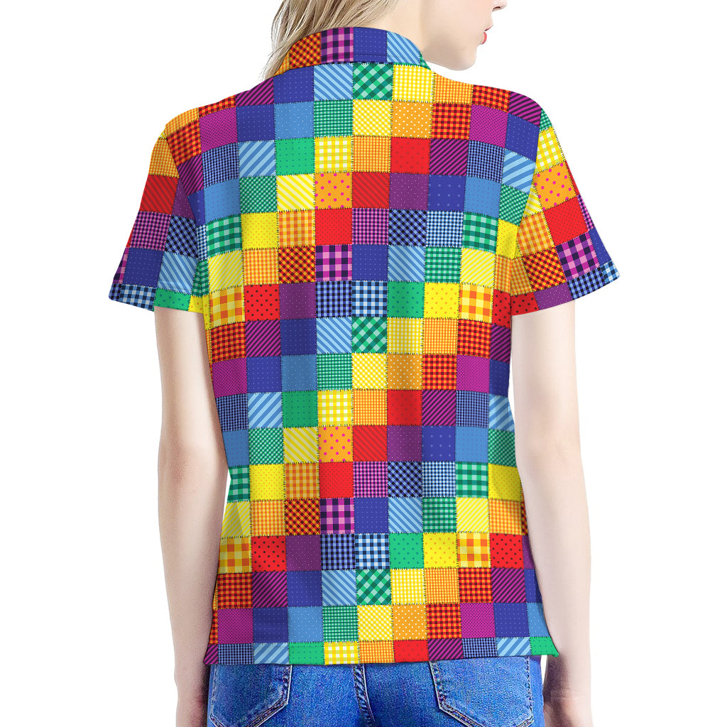 Rainbow Patchwork Pattern Print Women's Polo Shirt