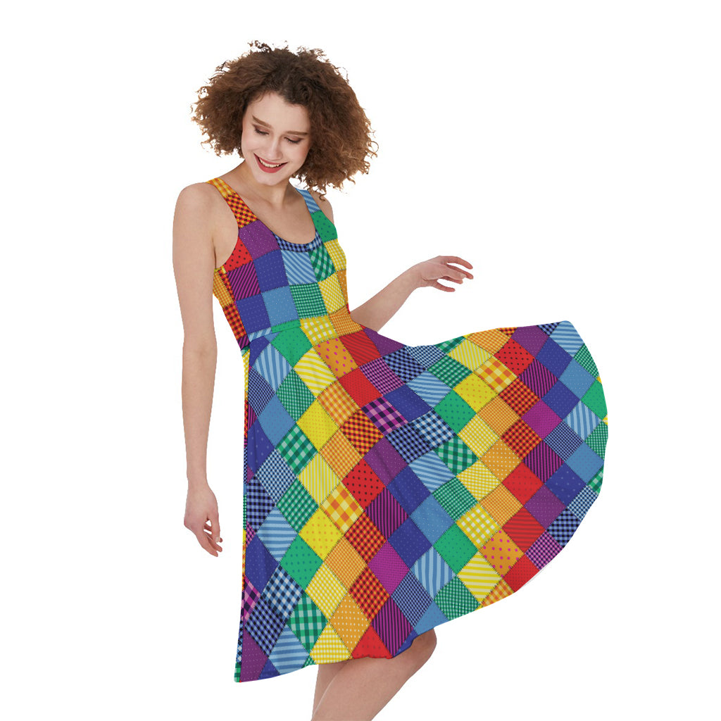 Rainbow Patchwork Pattern Print Women's Sleeveless Dress