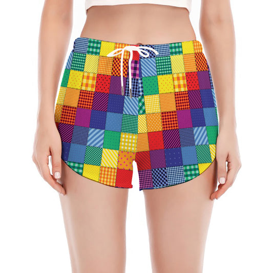 Rainbow Patchwork Pattern Print Women's Split Running Shorts